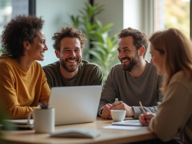 Diverse group of Muskeg Mind team members smiling and collaborating in a modern, light-filled office space in Minneapolis