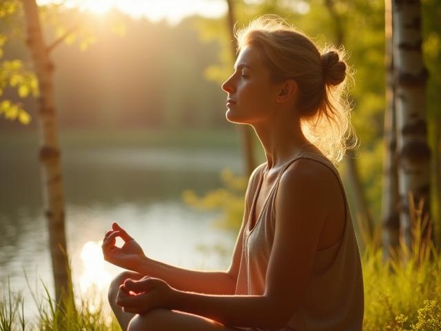 Woman meditating in a serene Minnesota forest, sun filtering through trees.