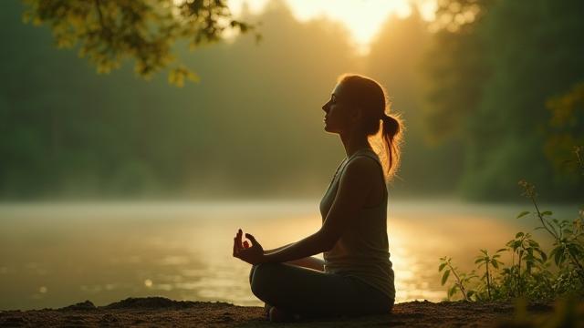 A calm person practicing meditation or deep breathing in a peaceful natural setting, representing stress reduction.