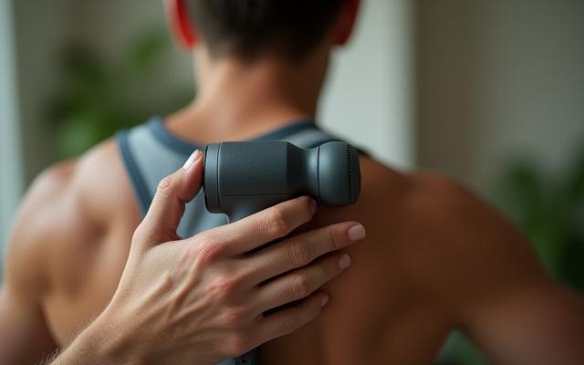 Theragun Mini, a compact massage device, held in hand, targeting a shoulder muscle.