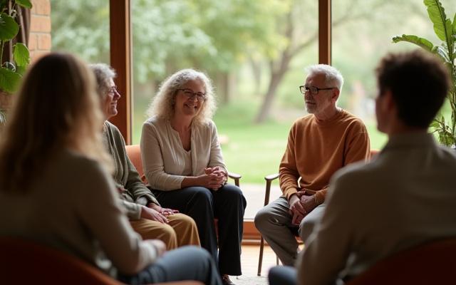 A diverse group of adults sitting in a circle, engaged in discussion. The image focuses on connection and support, but keeps individual faces slightly obscured to convey anonymity and group focus, set in a warm, inviting room.