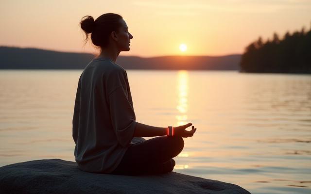 A calm individual in a serene setting, possibly outdoors in Minnesota nature, using a wearable device that gives biofeedback for stress reduction, with light rays or calming energy emanating from it.